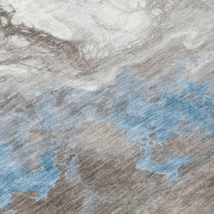 8' Taupe And Sky Blue Round Abstract Washable Indoor Outdoor Area Rug Photo 8