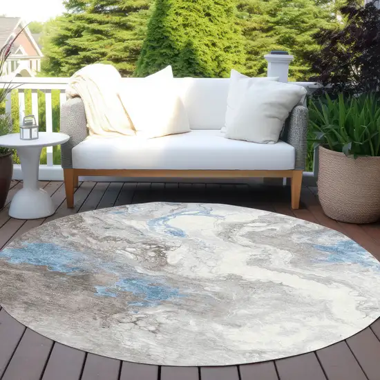8' Taupe And Sky Blue Round Abstract Washable Indoor Outdoor Area Rug Photo 5