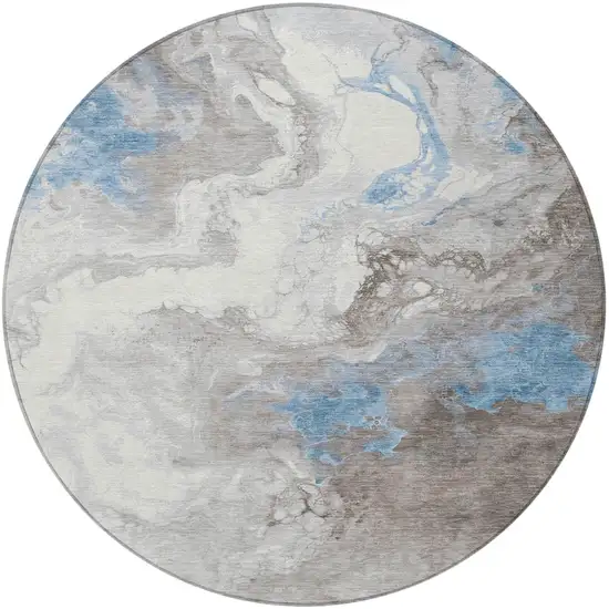 8' Taupe And Sky Blue Round Abstract Washable Indoor Outdoor Area Rug Photo 3