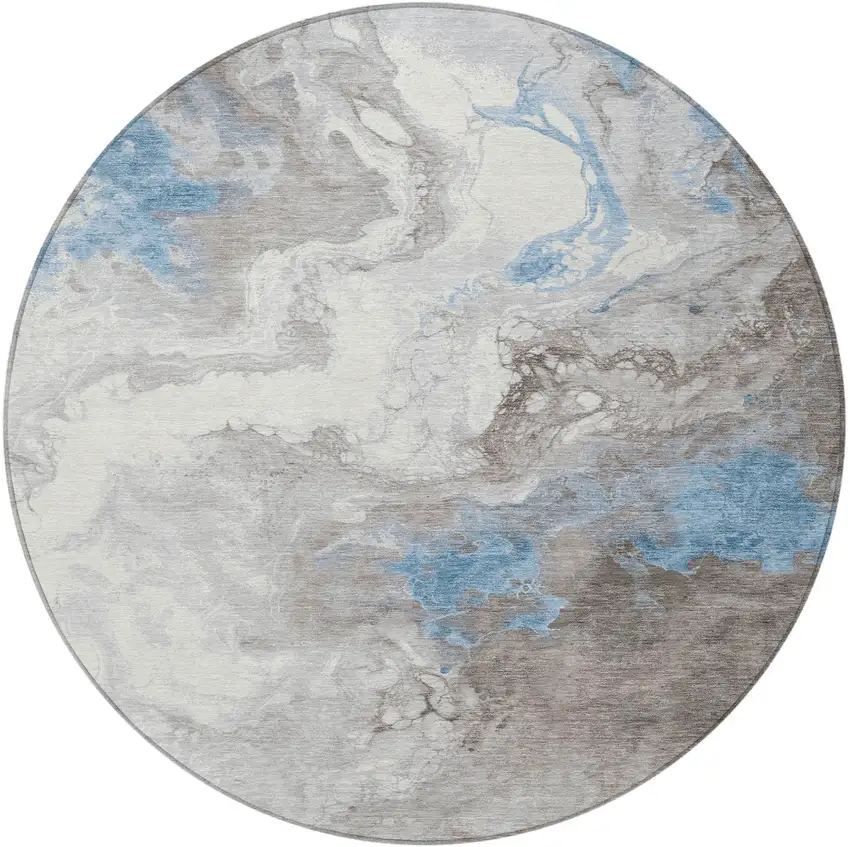 8' Taupe And Sky Blue Round Abstract Washable Indoor Outdoor Area Rug Photo 3