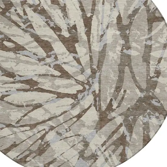 8' Taupe And Teal Blue Round Abstract Washable Indoor Outdoor Area Rug Photo 5