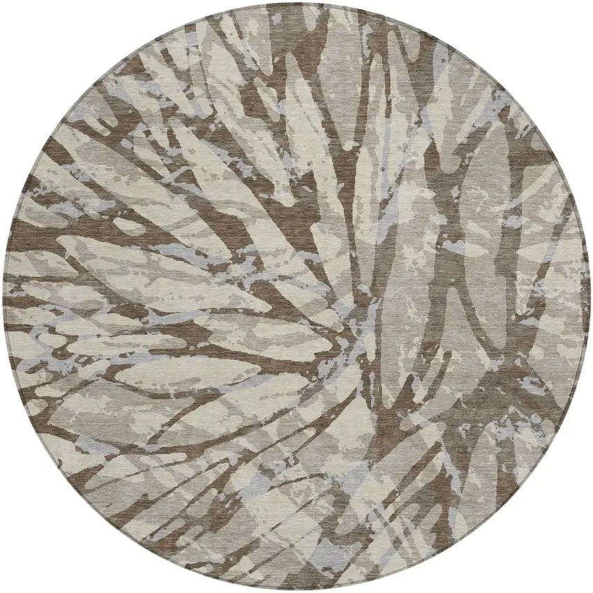 8' Taupe And Teal Blue Round Abstract Washable Indoor Outdoor Area Rug Photo 2