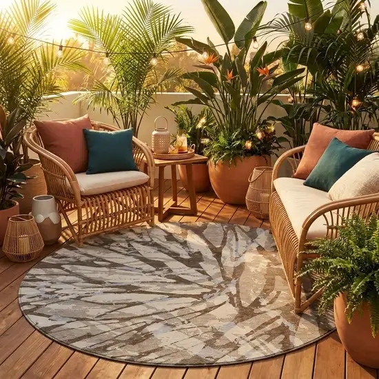 8' Taupe And Teal Blue Round Abstract Washable Indoor Outdoor Area Rug Photo 1