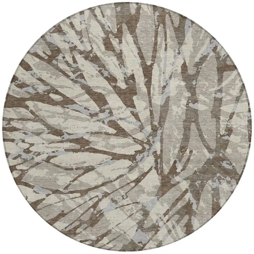 8' Taupe And Teal Blue Round Abstract Washable Indoor Outdoor Area Rug Photo 3