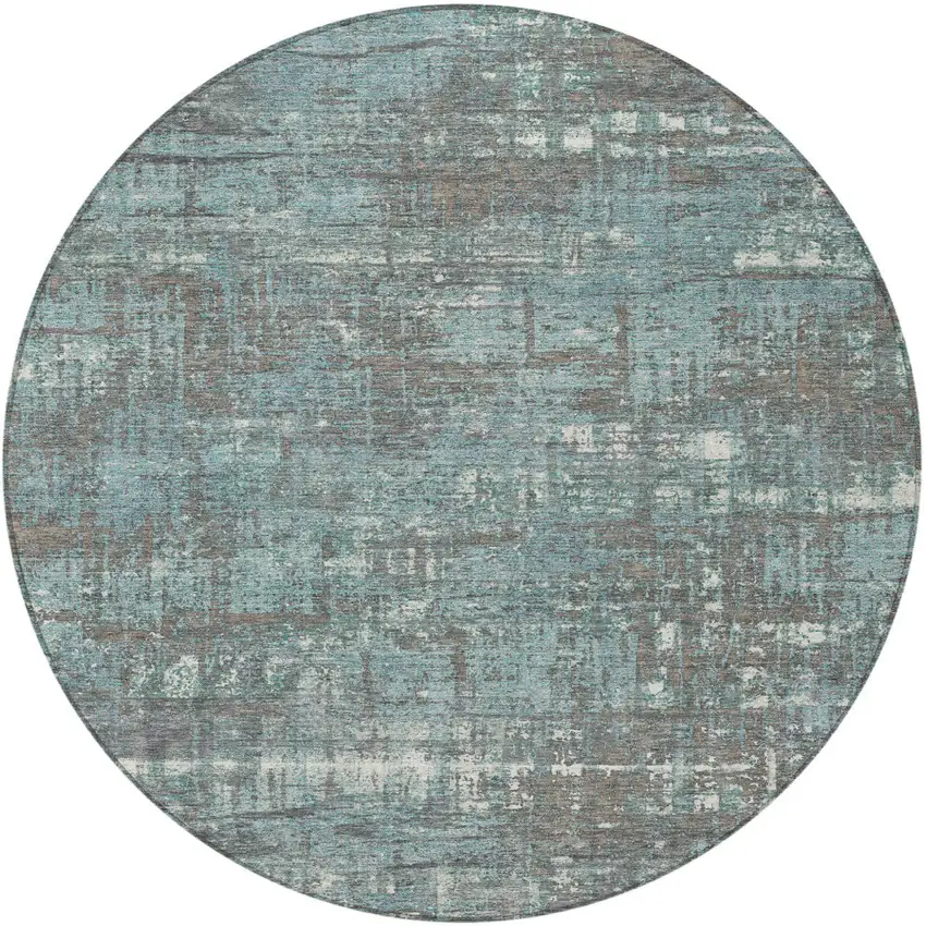 8' Taupe And Teal Blue Round Geometric Washable Indoor Outdoor Area Rug Photo 4