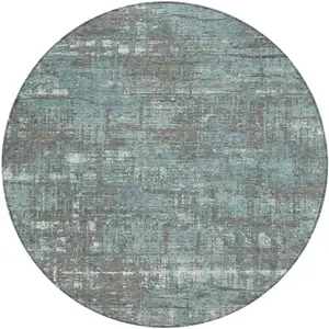 Photo of 8' Taupe And Teal Blue Round Geometric Washable Indoor Outdoor Area Rug