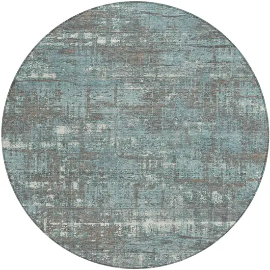 8' Taupe And Teal Blue Round Geometric Washable Indoor Outdoor Area Rug Photo 1