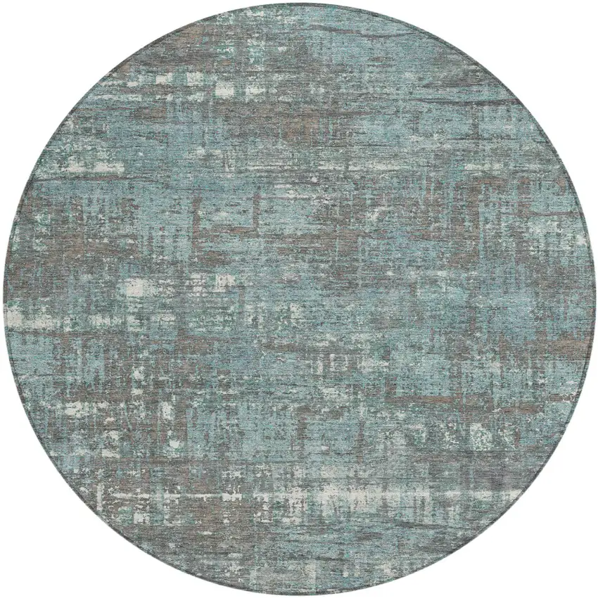 8' Taupe And Teal Blue Round Geometric Washable Indoor Outdoor Area Rug Photo 1