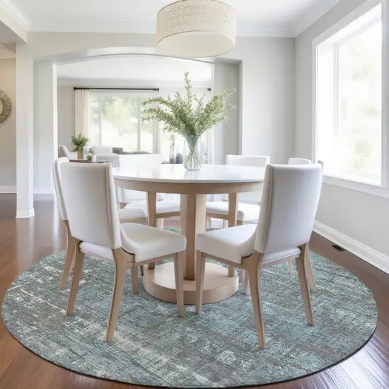 8' Taupe And Teal Blue Round Geometric Washable Indoor Outdoor Area Rug Photo 6