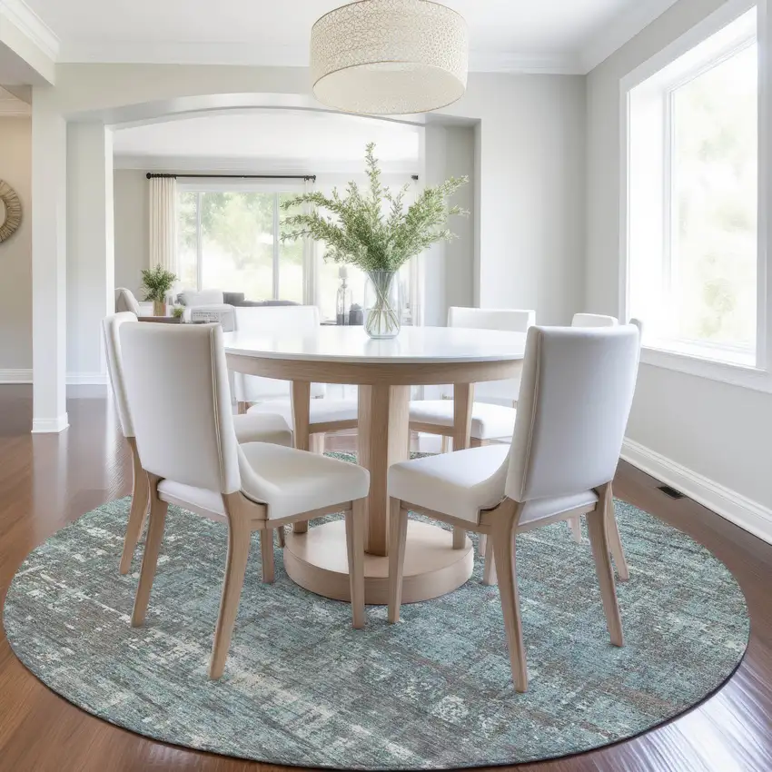 8' Taupe And Teal Blue Round Geometric Washable Indoor Outdoor Area Rug Photo 6