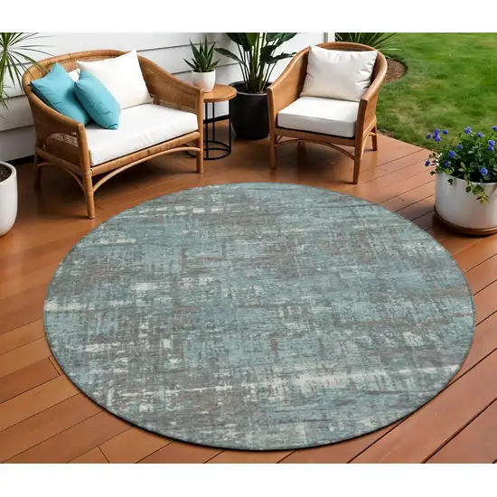 8' Taupe And Teal Blue Round Geometric Washable Indoor Outdoor Area Rug Photo 2