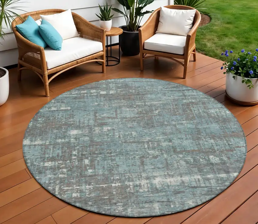 8' Taupe And Teal Blue Round Geometric Washable Indoor Outdoor Area Rug Photo 2