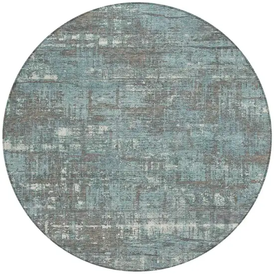 8' Taupe And Teal Blue Round Geometric Washable Indoor Outdoor Area Rug Photo 3
