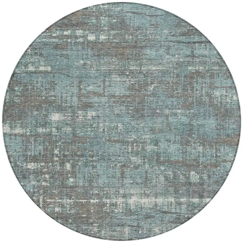 8' Taupe And Teal Blue Round Geometric Washable Indoor Outdoor Area Rug Photo 3