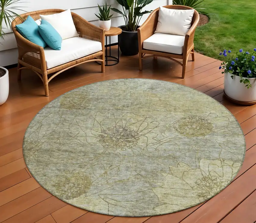 8' Taupe And Wheat Round Floral Washable Indoor Outdoor Area Rug Photo 1