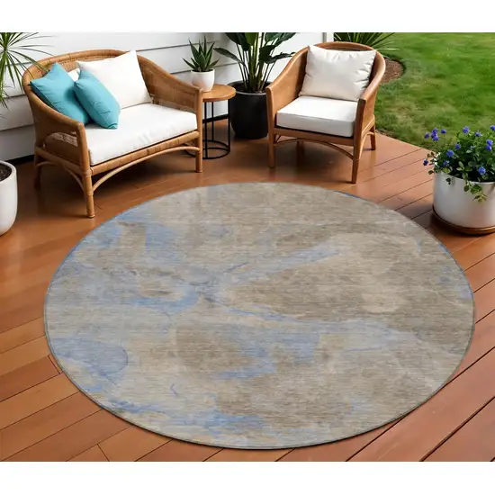 8' Taupe Beige And Blue Round Abstract Washable Indoor Outdoor Area Rug Photo 2