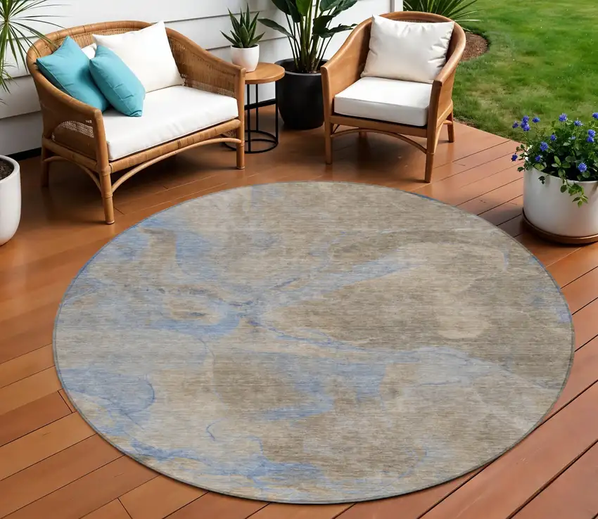 8' Taupe Beige And Blue Round Abstract Washable Indoor Outdoor Area Rug Photo 2