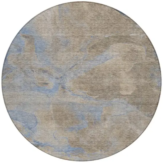 8' Taupe Beige And Blue Round Abstract Washable Indoor Outdoor Area Rug Photo 3