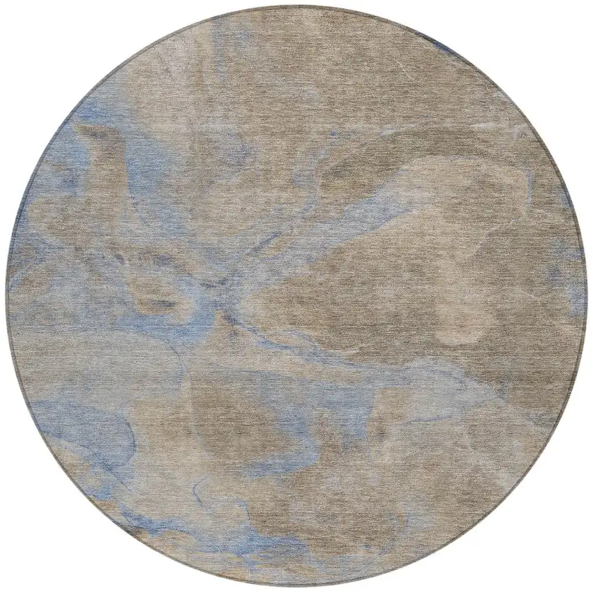 8' Taupe Beige And Blue Round Abstract Washable Indoor Outdoor Area Rug Photo 3