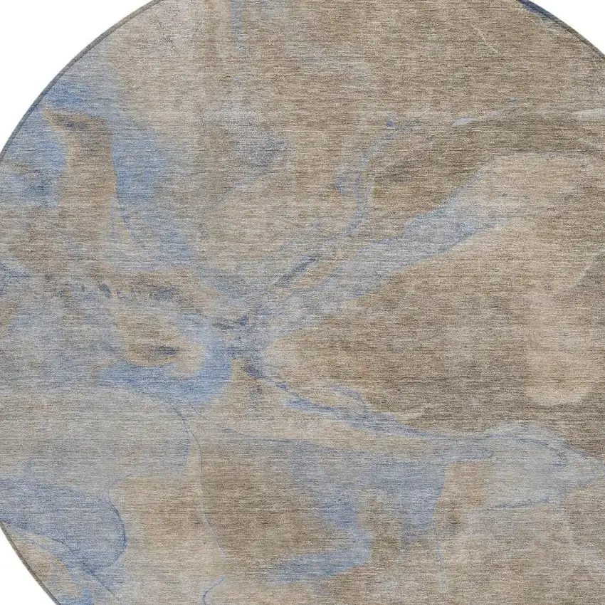 8' Taupe Beige And Blue Round Abstract Washable Indoor Outdoor Area Rug Photo 4