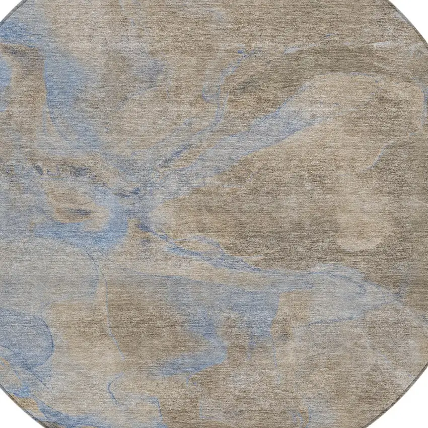 8' Taupe Beige And Blue Round Abstract Washable Indoor Outdoor Area Rug Photo 9