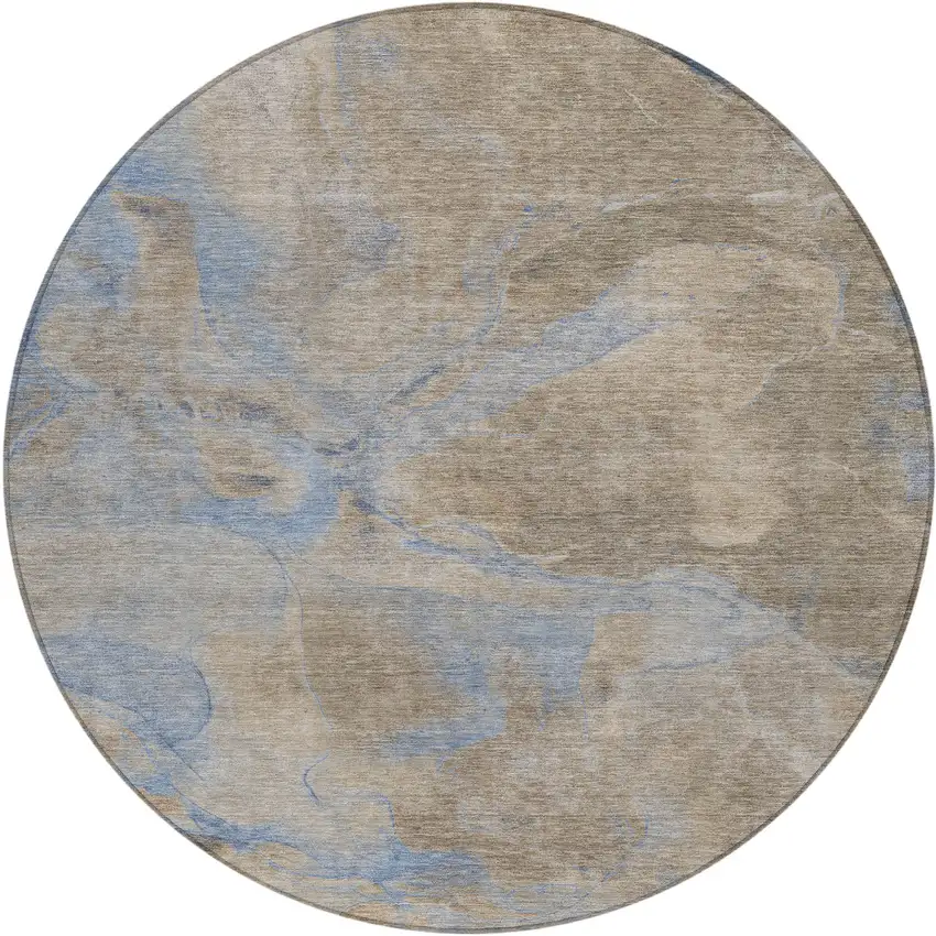 8' Taupe Beige And Blue Round Abstract Washable Indoor Outdoor Area Rug Photo 1
