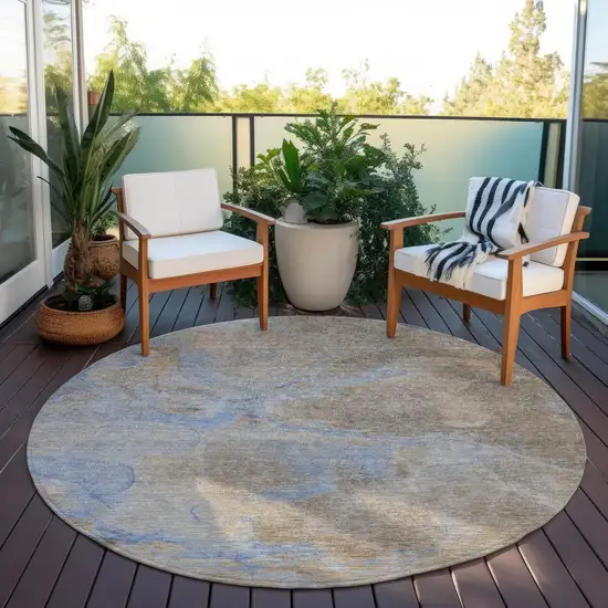 8' Taupe Beige And Blue Round Abstract Washable Indoor Outdoor Area Rug Photo 6