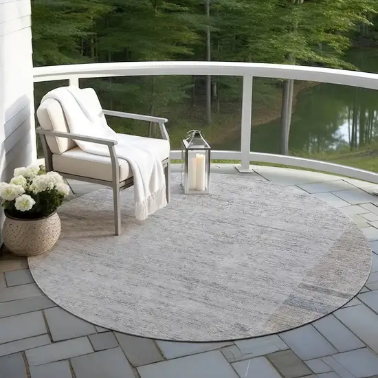 8' Taupe Beige And Blue Round Geometric Washable Indoor Outdoor Area Rug Photo 6
