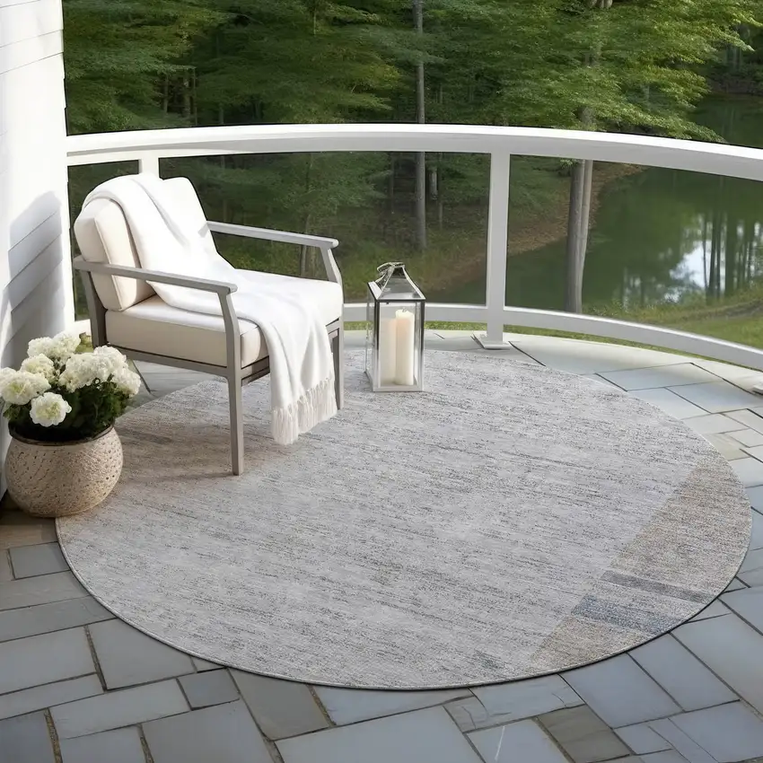 8' Taupe Beige And Blue Round Geometric Washable Indoor Outdoor Area Rug Photo 6