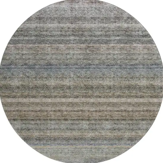 8' Taupe Beige And Blue Striped Washable Round Rug With UV Protection Photo 3