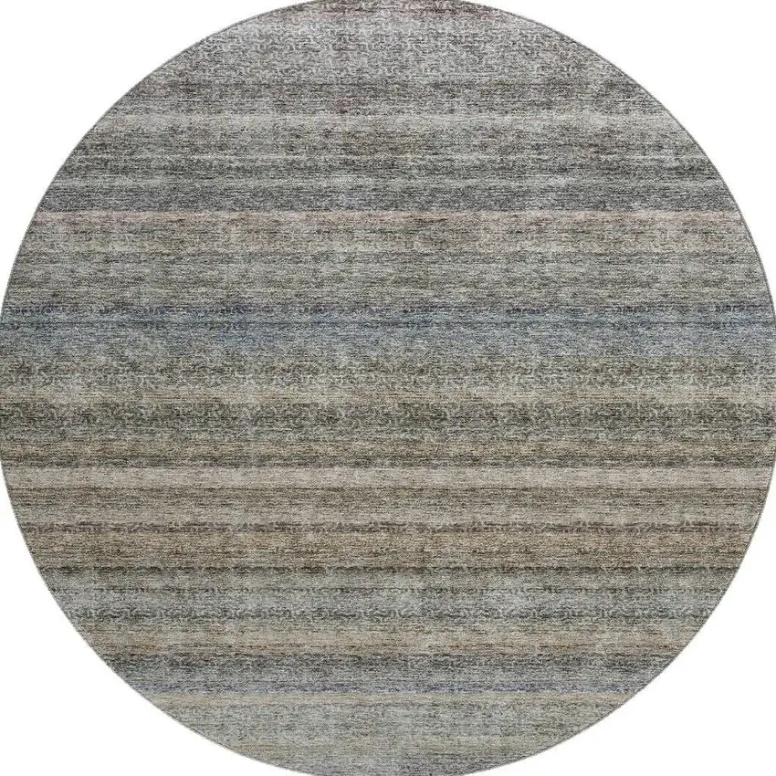 8' Taupe Beige And Blue Striped Washable Round Rug With UV Protection Photo 3
