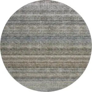 Photo of 8' Taupe Beige And Blue Striped Washable Round Rug With UV Protection