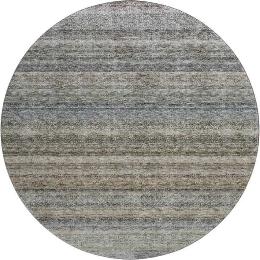 8' Taupe Beige And Blue Striped Washable Round Rug With UV Protection Photo 1