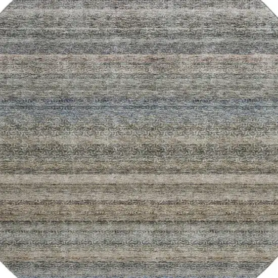 8' Taupe Beige And Blue Striped Washable Round Rug With UV Protection Photo 2