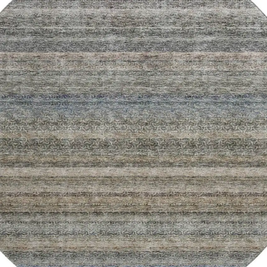8' Taupe Beige And Blue Striped Washable Round Rug With UV Protection Photo 2