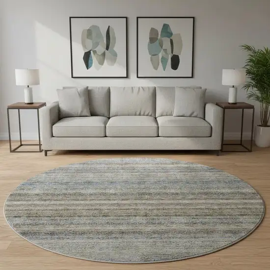 8' Taupe Beige And Blue Striped Washable Round Rug With UV Protection Photo 2