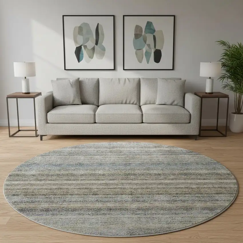 8' Taupe Beige And Blue Striped Washable Round Rug With UV Protection Photo 2