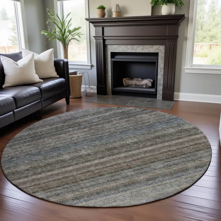 8' Taupe Beige And Blue Striped Washable Round Rug With UV Protection Photo 4