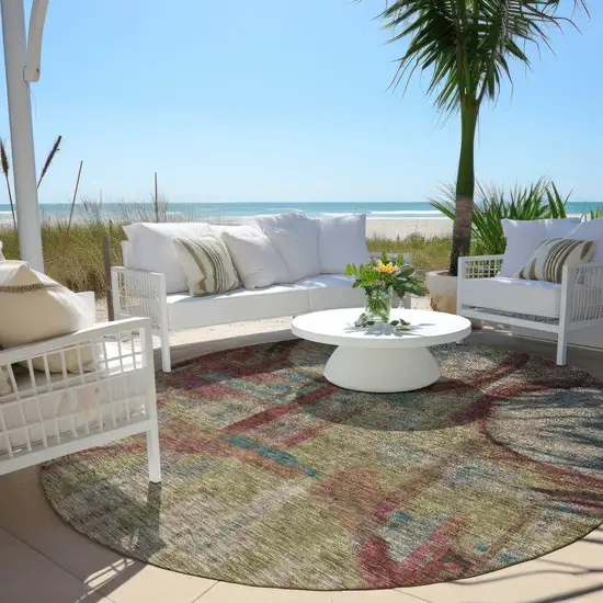 8' Taupe Beige And Blush Round Geometric Washable Indoor Outdoor Area Rug Photo 8