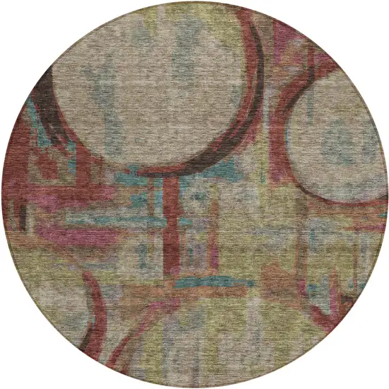 8' Taupe Beige And Blush Round Geometric Washable Indoor Outdoor Area Rug Photo 2