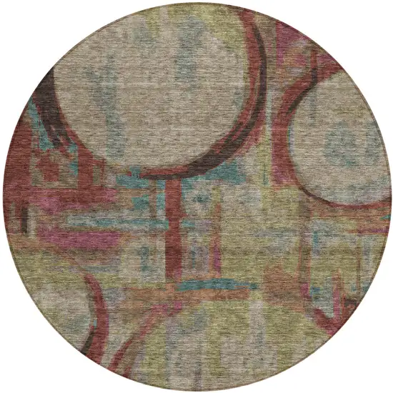 8' Taupe Beige And Blush Round Geometric Washable Indoor Outdoor Area Rug Photo 2
