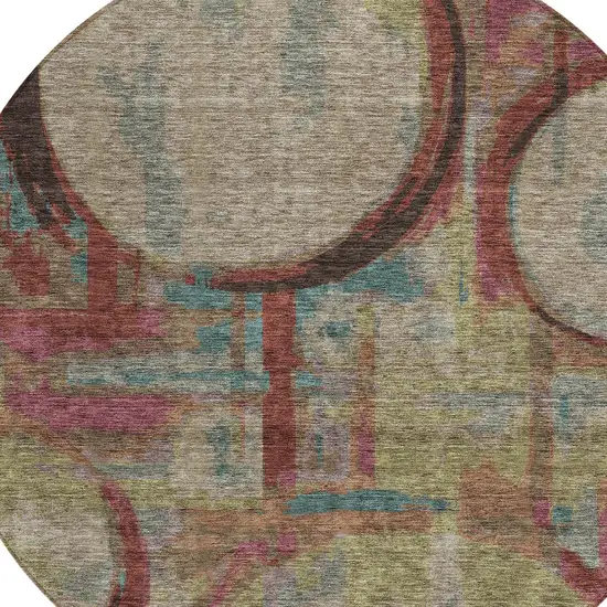 8' Taupe Beige And Blush Round Geometric Washable Indoor Outdoor Area Rug Photo 6