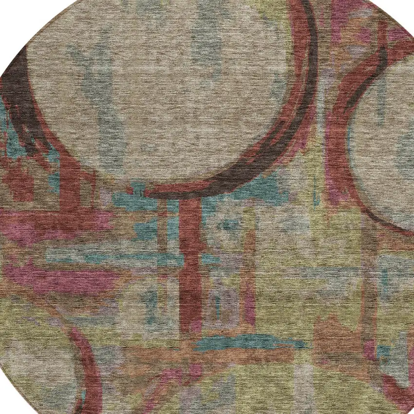 8' Taupe Beige And Blush Round Geometric Washable Indoor Outdoor Area Rug Photo 6