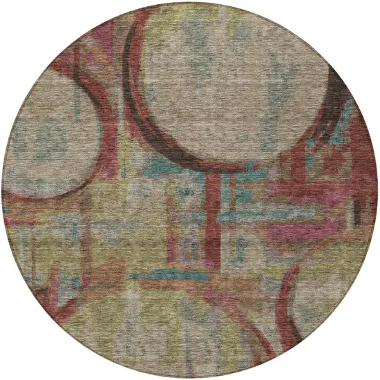8' Taupe Beige And Blush Round Geometric Washable Indoor Outdoor Area Rug Photo 7