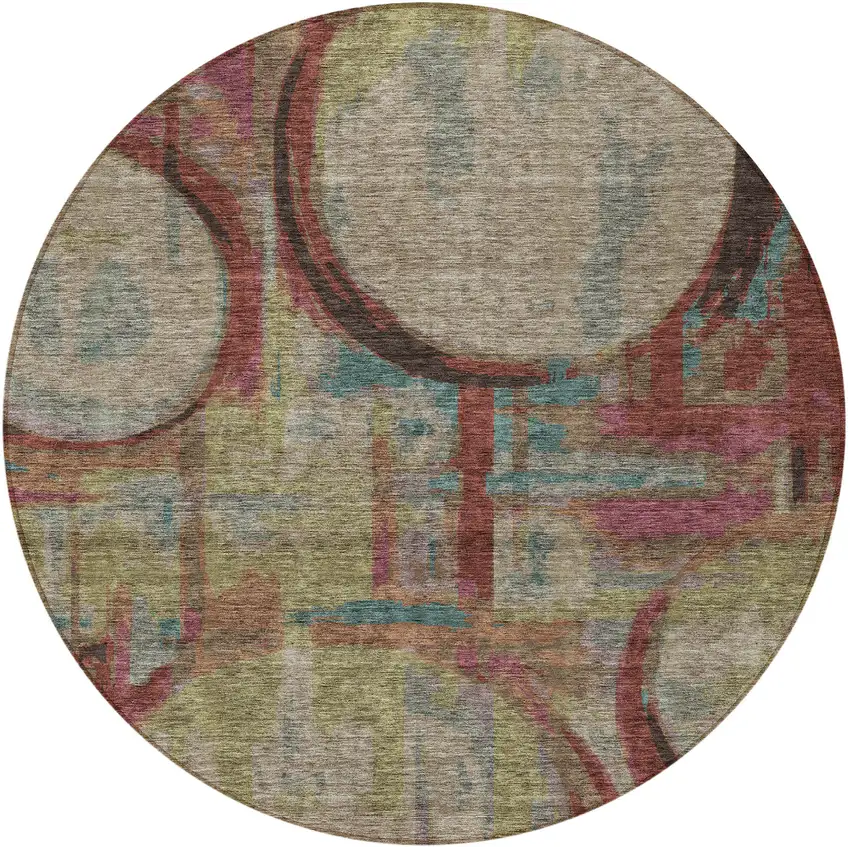 8' Taupe Beige And Blush Round Geometric Washable Indoor Outdoor Area Rug Photo 7