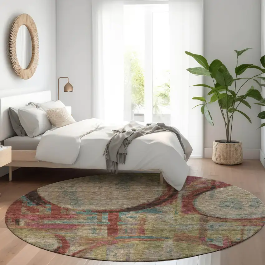8' Taupe Beige And Blush Round Geometric Washable Indoor Outdoor Area Rug Photo 9