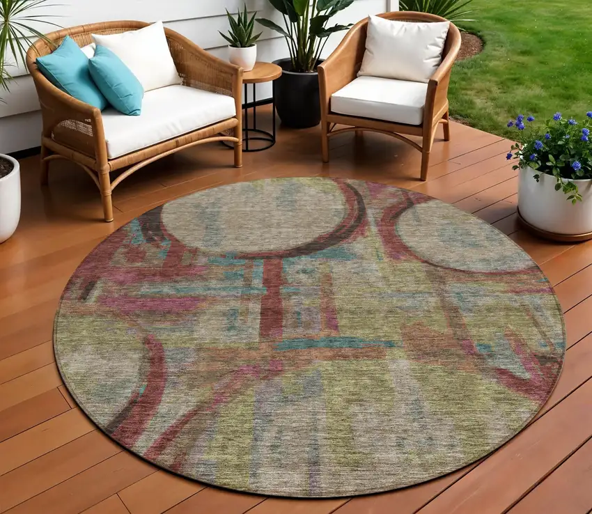 8' Taupe Beige And Blush Round Geometric Washable Indoor Outdoor Area Rug Photo 1