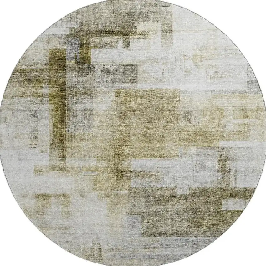 8' Taupe Beige And Brown Abstract Geometric Washable Round Rug With UV Protection Photo 3