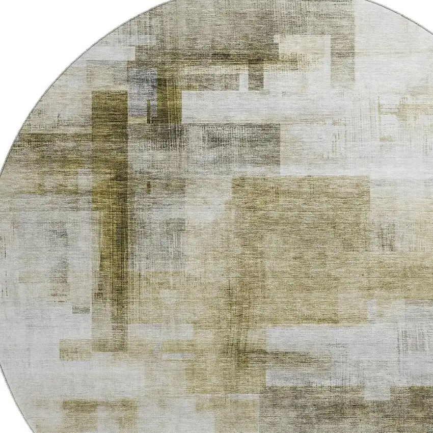 8' Taupe Beige And Brown Abstract Geometric Washable Round Rug With UV Protection Photo 2