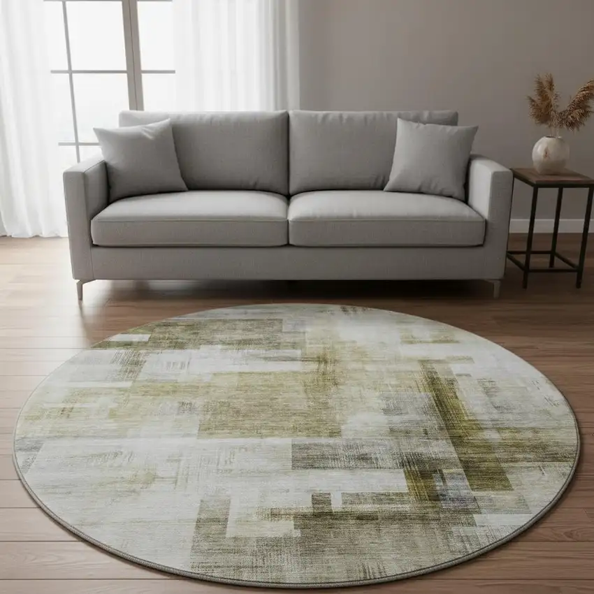 8' Taupe Beige And Brown Abstract Geometric Washable Round Rug With UV Protection Photo 2